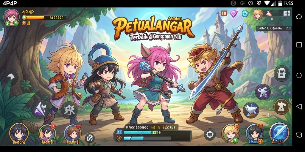 Screenshot gameplay 4P4P menampilkan pertarungan seru di latar belakang yang memukau.