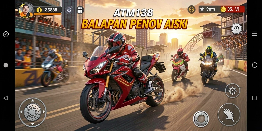 Screenshot utama menampilkan balapan motor intens di trek menantang.