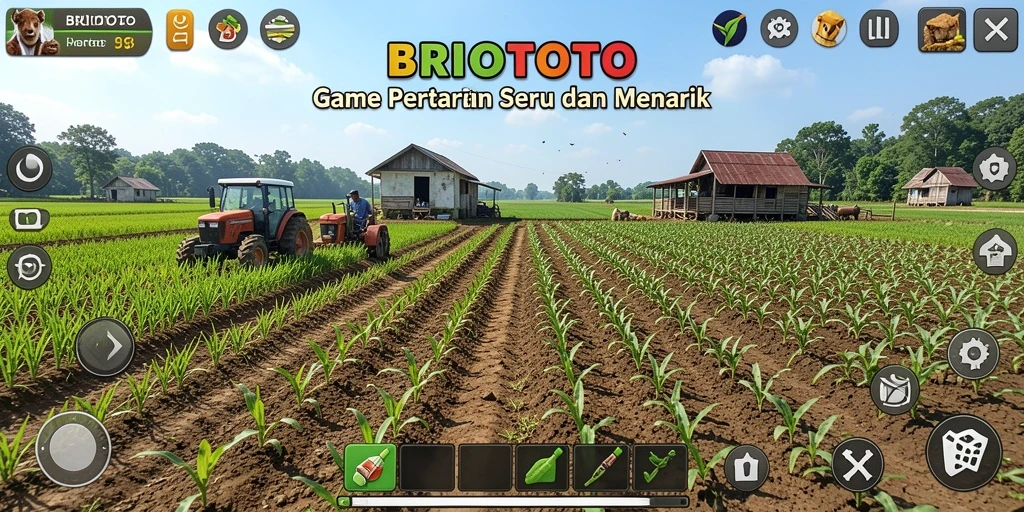 Screenshot BRIOTOTO menampilkan suasana pertanian yang cerah dan interaktif.