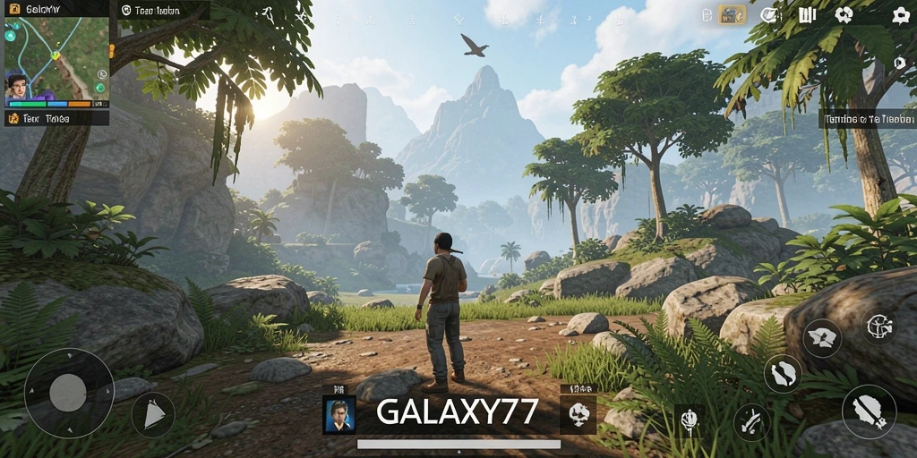 Screenshot gameplay GALAXY77 menunjukkan eksplorasi dunia terbuka yang kaya.