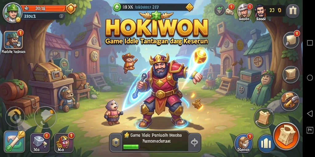 Screenshot gameplay HOKIWON menampilkan karakter dan sumber daya yang sedang dikumpulkan.