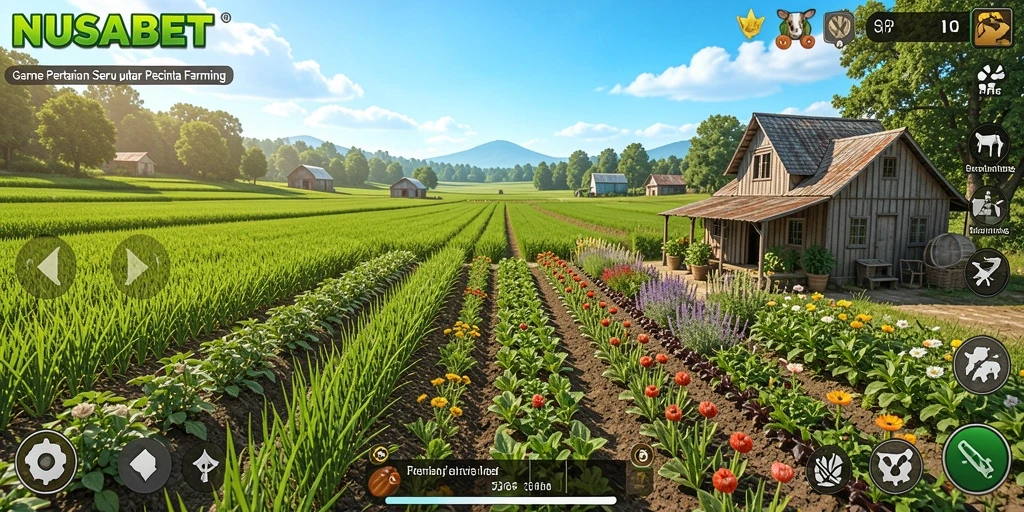 Screenshot gameplay NUSABET menampilkan pertanian yang indah dan beragam aktivitas bertani.