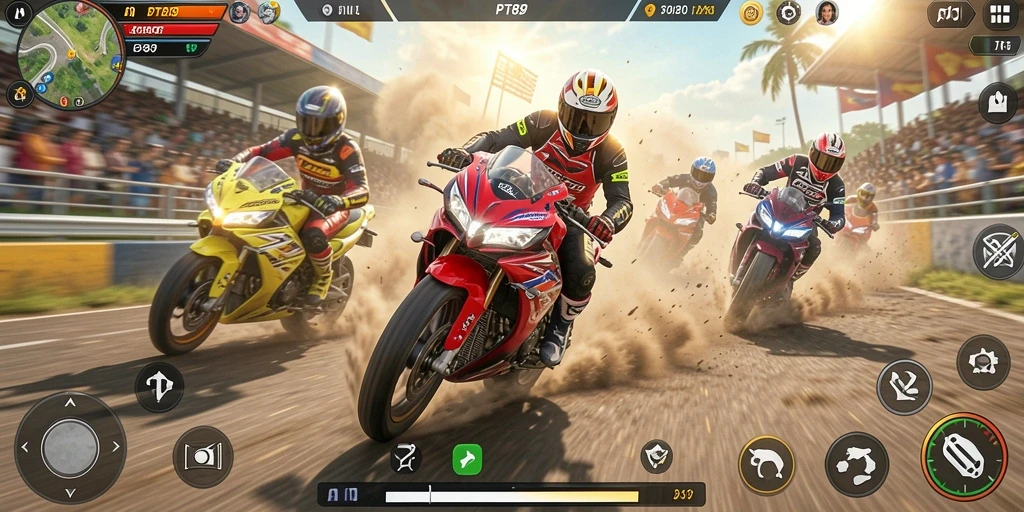 Gameplay PT89 menampilkan aksi balapan motor yang mendebarkan.