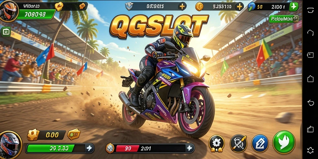 Gameplay QQSLOT menampilkan aksi balapan motor yang seru.