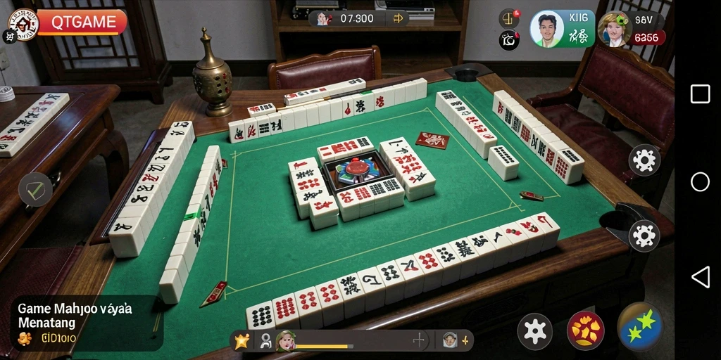 Screenshot gameplay QTGAME menunjukkan tampilan ubin Mahjong yang penuh warna.