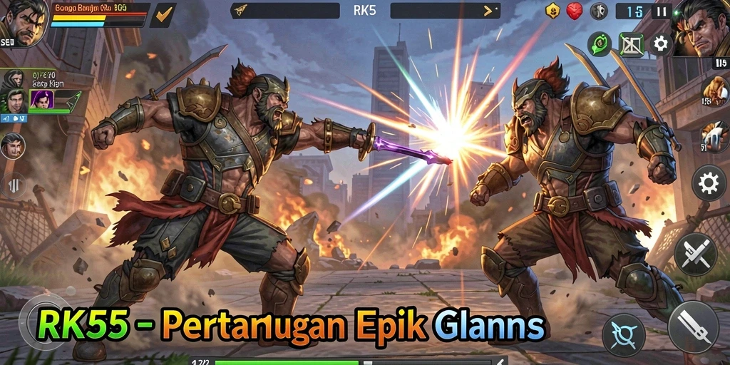 Tangkapan layar gameplay RK55 menampilkan pertarungan hebat antara karakter dalam gladiator modern.