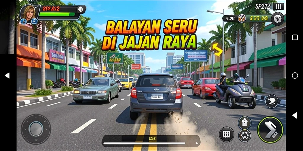 Screenshot gameplay SP212 menampilkan aksi balapan seru dan mobil yang berkecepatan tinggi.