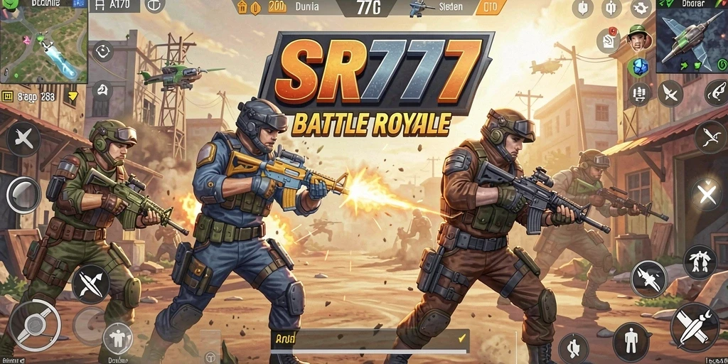 Screenshot utama SR777 menunjukkan aksi mendebarkan dalam permainan Battle Royale.