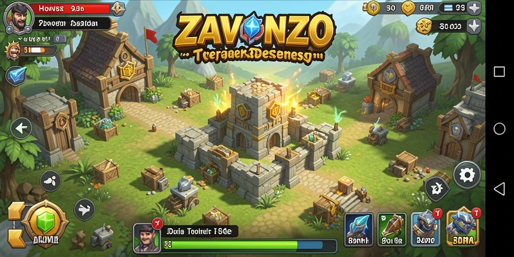 Screenshot utama ZAVONZO menampilkan aksi seru di battlefield Tower Defense.